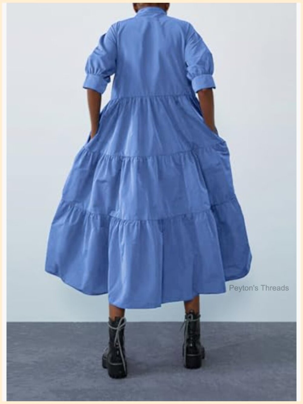 Women's Puff Sleeve Maxi Tiered Babydoll Dress Casual A-Line Swing Long Shirt - Picture 3 of 3